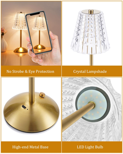 Cordless Beside <b>Lamp</b> Rechargeable Battery 3 Color Stepless Dimmable LED <b>Touch</b> Control Portable Crystal Gold Metal Table <b>Lamps</b> - Product Image 5