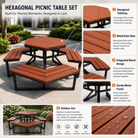 Table de pique-nique hexagonale d'extérieur avec bancs intégrés, structure métallique résistante aux intempéries, bois massif, mobilier de jardin moderne pour patio extérieur