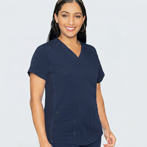 Blusa de Uniforme Hospitalario para Mujer, Cuello en V, Azul Marino, Manga Corta, Tejido de Punto, Algodón y Poliéster - Product Image 1