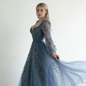 Robes pour femmes bleues à col cœur, manches longues transparentes, broderie florale, ceinture perlée, <span class=keywords><strong>robe</strong></span> de soirée maxi en tulle - Product Image 4