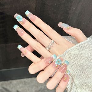 <span class=keywords><strong>Uñas</strong></span> postizas acrílicas hechas a mano estilo océano 3D con flores tropicales, forma almendrada, 10 unidades, con logo personalizado, venta al por mayor - Product Image 2