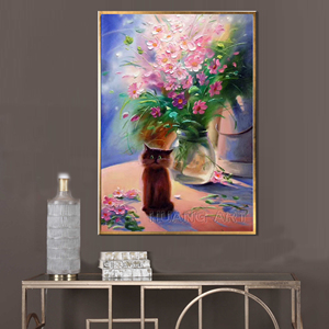 Nouvel Art beau Vase peinture peinte à la main de haute qualité beau chat et fleur rose peinture à l'huile pour chambre décor peinture murale - Product Image 3