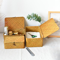 Boîte de rangement en jonc de mer naturel, écologique, style pastoral, pour vêtements de chambre, organisateur de cosmétiques de bureau, artisanat tissé à la main