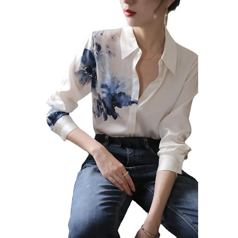 RNSHANGER blus wanita cetakan Tie-dye biru musim gugur blus wanita putih kemeja Satin Single-breasted lengan panjang kasual untuk wanita