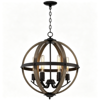 Lustre Globe Noir Effet Bois avec Anneau Lumineux Style Ferme et Ampoules Chandelles pour Salon, Salle à Manger, Chambre