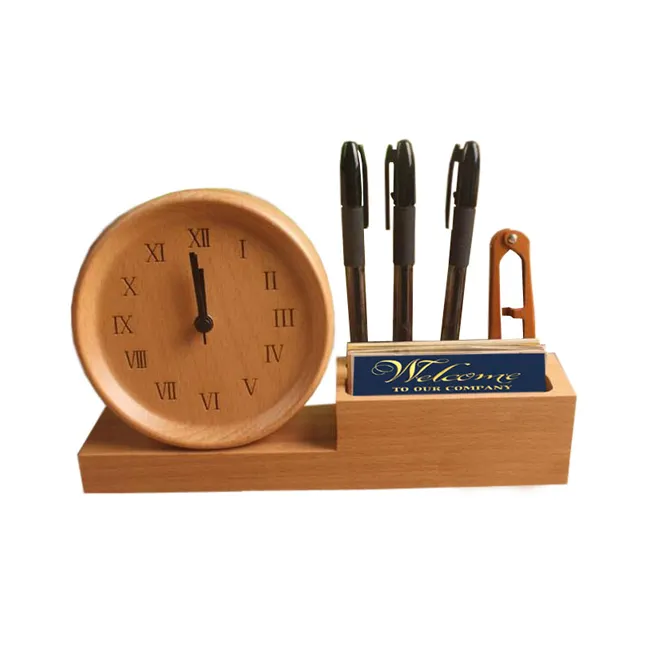 Hot selling Desktop Table Clock Wooden Stand With Card clock 3D Fashion Classic Pen Holder with great price