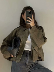 Chaqueta Estilo Piloto <span class=keywords><strong>para</strong></span> Mujer de Corte Holgado Estilo Europeo Primavera Otoño 2025, Ropa Casual <span class=keywords><strong>para</strong></span> Mujer con Textura de Gamuza, Solapa, Cierre de Cremallera y Color Sólido - Product Image 4