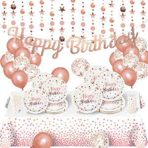 Set per Festa <span class=keywords><strong>di</strong></span> <span class=keywords><strong>Compleanno</strong></span> Oro Rosa con Striscione 'Happy Birthday', Ghirlanda <span class=keywords><strong>di</strong></span> Glitter, Piatti e Bicchieri, Tovaglia e Palloncini - Product Image 1