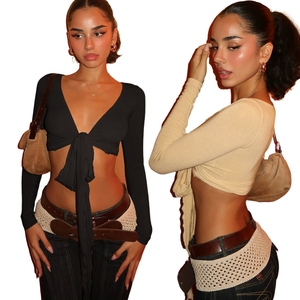 T-shirt en maille respirant à manches longues et col en V sexy, couleur unie, coupe ajustée et courte, pour femme, idéal au quotidien - Product Image 1