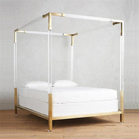 Lit à baldaquin en acrylique, taille Queen, avec colonnes en lucite transparente, pieds en acier inoxydable doré, revêtement en velours, style moderne et durable