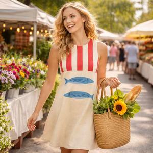 Customized Women's Beige Pure Linen Mini <strong>Dress</strong> Sleeveless <strong>Red</strong> <strong>White</strong> Stripe <strong>Blue</strong> Fish Print Casual Summer Beach <strong>Dress</strong> - Product Image 3