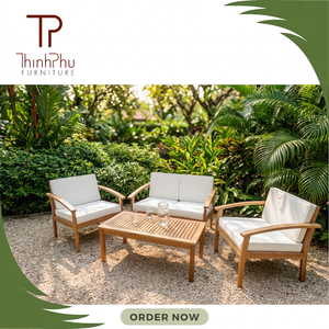Contemporary Outdoor <b>Wood</b> <b>Sofa</b> Set with White Cushions for Garden Patio Furniture - Product Image 6