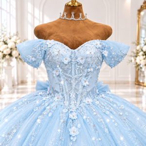 Lsdz023-Pz Radiant Aqua <b>Blue</b> Scalloped Sweetheart Cascading Pearl Vine Starlight Mesh <b>Ball</b> <b>Gown</b> Quinceanera Dress Jancemebr - Product Image 5