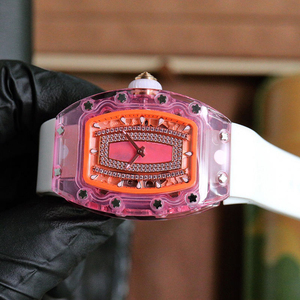 Premium Fashion Tonneau <b>Watch</b> Pink Crystal Construction with Diamond Dial and White <b>Rubber</b> Band - Product Image 4