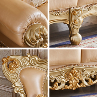 Canapé en cuir de style royal européen vintage, combinaison de canapés de luxe pour salon, villa, appartement, en bois massif avec sculpture double face