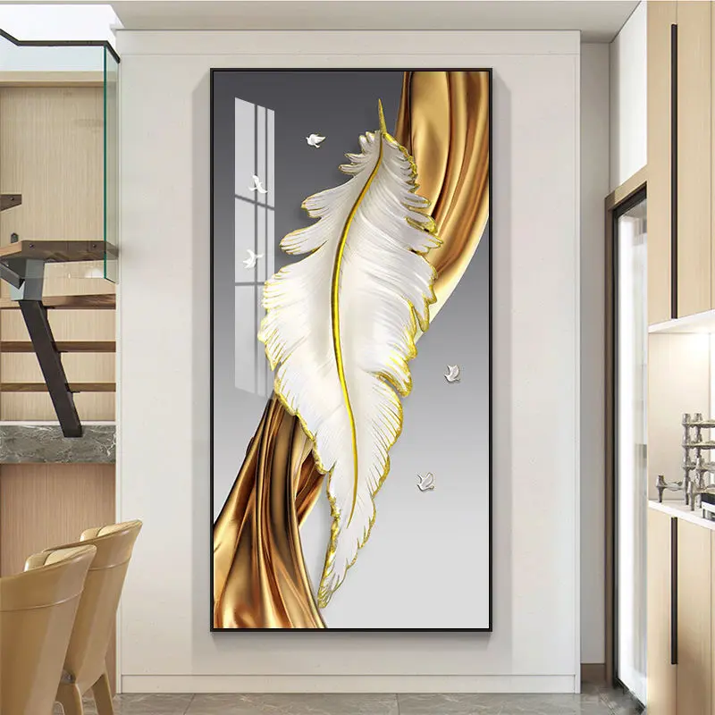 Nordic Hotel Porch Decoration Feather Poster HD Print Crystal Porcelain painting picture wall modern large wall art painting