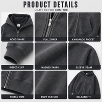 Fabricant de sweats à capuche zippés pour hommes, personnalisés OEM, style vintage, délavés, effet usé, premium, style urbain, 100% coton, finition rétro délavée