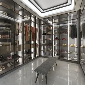 Móveis do quarto design moderno quadro de alumínio porta de vidro guarda-roupa em armário