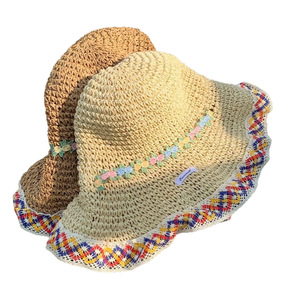 Sombrero de paja de ala ancha de estilo étnico para mujer, color beige y marrón, para verano, playa, protección solar, resistente al viento, sombrero de pescador para mujer adulta - Product Image 5