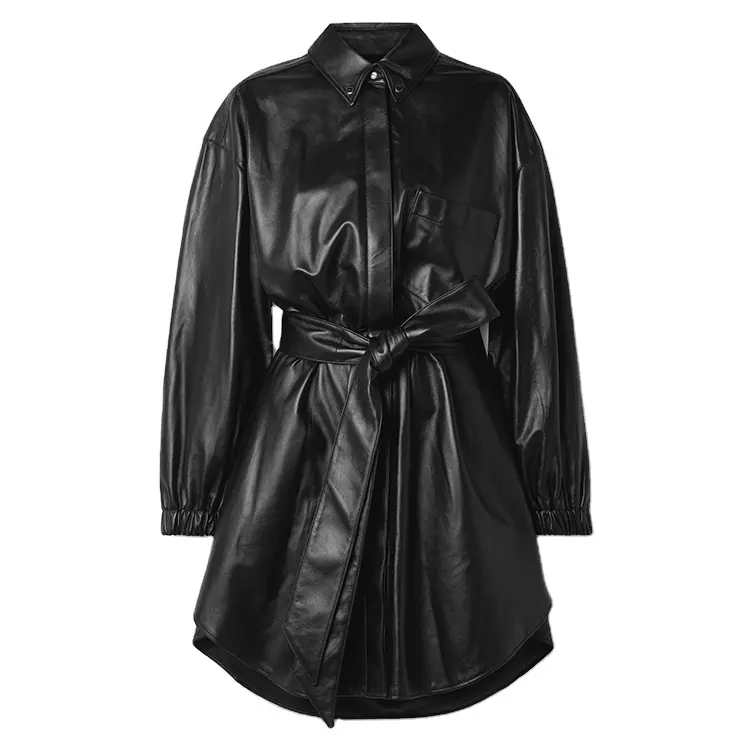 New Design Faux Leather Jacket Black Long Sleeve Belted Leather Mini Shirt Dress