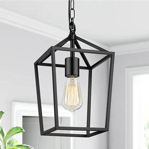 Boerderijstijl zwarte vierkante hanglamp, industrieel, verstelbare hoogte, ijzeren kooilamp met 60W 3500K warmwitte E27 fitting - Product Image 1