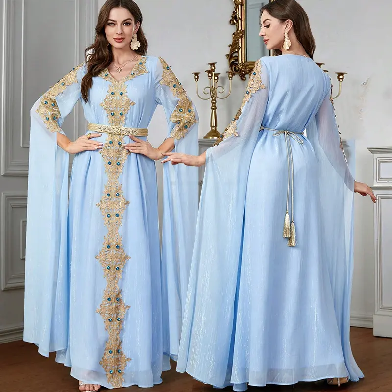 عباية EID Dubai قفطان جميل أزرق اللون مسلمات مسايرة للموضة عربية أكمام طويلة عباية فستان مزين بدبابيس وحزام