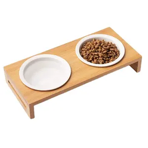 Dog Cat Bowls mit Raised Bamboo Stand Dual Ceramic Food und Water Dishes Perfect für Cats und Small Dogs
