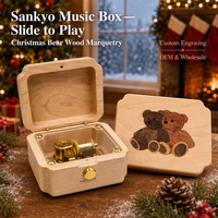 Boîte à musique en bois d'érable avec marqueterie, motif ours de Noël, interrupteur coulissant Sankyo, fonction Play/Stop, couvercle transparent festonné, pour bijoux et bibelots, vente en gros OEM