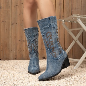 Brand New Retro Denim Blue Cowboy Women Shoes Chunky High Heels 42 <b>on</b> Calf Cowgirls <b>Boots</b> - Product Image 4