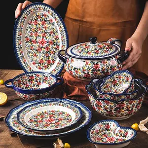 Dekoration Geschirr Set polnischen Stil Retro Blumen salat Keramik Porzellan Schüssel Teller Geschirr Geschirr Geschirr Set