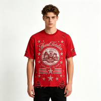 T-shirt personnalisé Kornit DTG rouge vieilli à manches courtes, motif graphique vintage étoile, style streetwear déchiré, haut pour homme, fourniture OEM