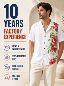 เสื้อเชิ้ตแขนสั้นสีขาวพิมพ์ลายดอกชบา<span class=keywords><strong>สี</strong></span>แดงด้านข้าง - เสื้อผ้าสั่งทำพิเศษ 100% โพลีเอสเตอร์ - Product Image 1