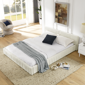 โครงเตียงปรับระดับได้ขนาดควีนไซส์ หุ้มผ้าเชนิลล์แบบจีบ พร้อมฐานเตียงแบบยกพื้น หัวเตียงทำจากไม้เนื้อแข็ง - Product Image 1