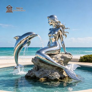 Sculpture de dauphin sirène en acier inoxydable TREVI |   Statue de sirène chevauchant <span class=keywords><strong>un</strong></span> dauphin, finition miroir, pour la <span class=keywords><strong>d</strong></span>écoration de piscines et de complexes hôteliers - Product Image 3