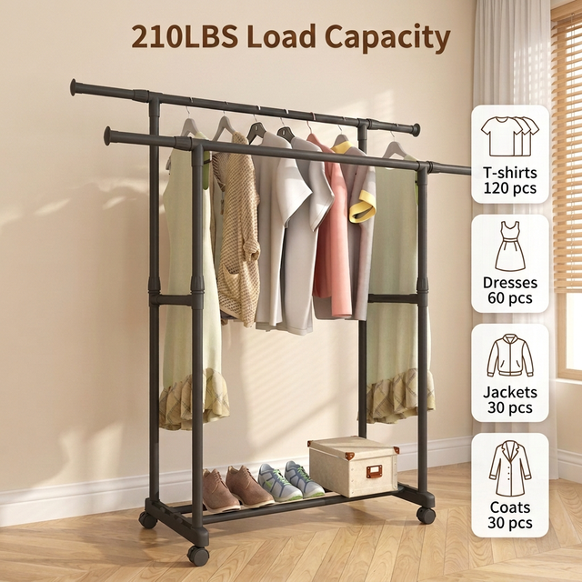 Mobile Adjustable Rod Freestanding Clothing Metal Clothes Storage Rack Shelf for Hanging Clothes