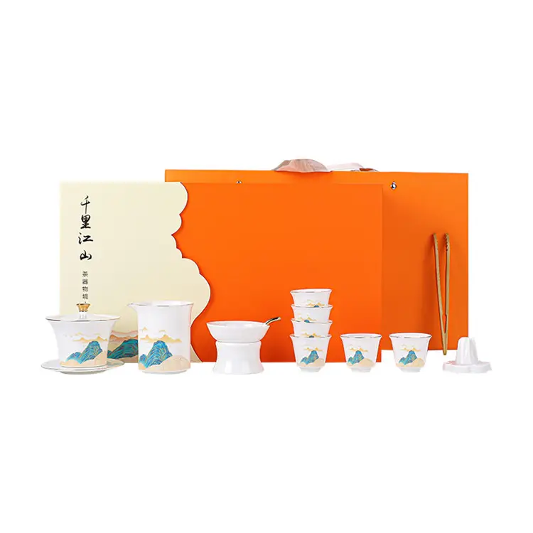 Lanolin Jade Tea Set Classic Gift Box China Ceramic Tea Pot Tea Cup