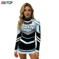 Combinaison de cheerleading de niveau professionnel bleu ciel et noir avec strass |   Uniforme de performance à col haut et manches longues