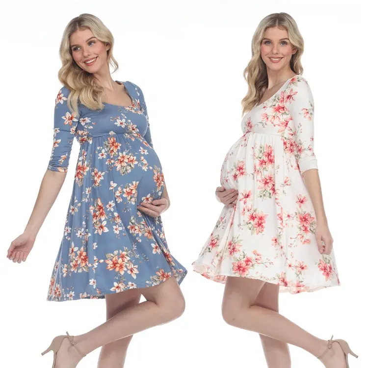Maternity Clothes Rose Print Pleated Waist Mini Pregnancy Dress With 3/4 Sleeves