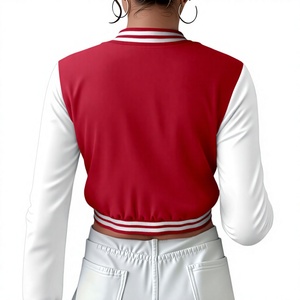 เสื้อแจ็คเก็ตวาร์ซิตี้สีแดงขาว แขนยาว คอโอ ทรงสั้น สำหรับผู้หญิง สวมใส่สบายๆ ในฤดูใบไม้ร่วง ดีไซน์สีตัดกัน - Product Image 2