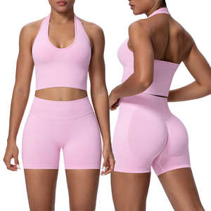 Ensemble de yoga et de sport pour femme, grande taille, réversible, uni, sans couture, avec logo personnalisé, dos ouvert, style licou, effet froncé aux fesses, vêtements de fitness et de gym - Product Image 1