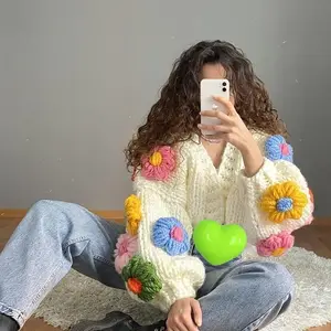 Designer colorful flowers knitwear lantern sleeve cardigan crochet chunky knit corp top women's sweater