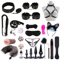 Bondage Sexy en peluche 26 pièces menottes costume en cuir Sexy jeux pour adultes collier pinces à mamelon fouet produits sexuels