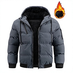 Men's Hooded Puffer <b>Jacket</b> Winter Warm <b>Thick</b> <b>Fleece</b> Lining Windproof Casual Zipper Closure Solid Color Gray Coat - Product Image 1