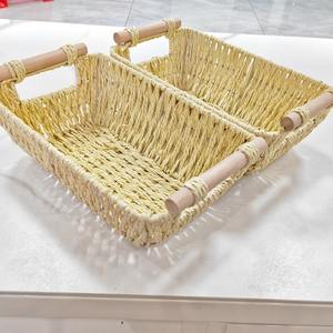 Panier de rangement tissé à la main, rectangulaire, avec poignées en bois, pour fruits, œufs, organisation du bureau - Product Image 5