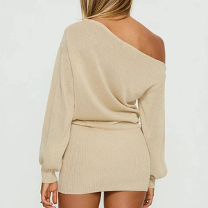 Robe pull mini moulante en maille élégante beige pour femme, à épaules dénudées et manches ballon, effet scintillant, style décontracté et sexy - Product Image 5