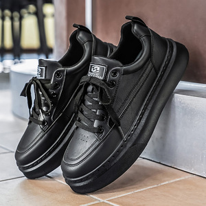 Sneakers plateforme en cuir noir pour homme, chaussures décontractées à lacets antidérapantes et résistantes à l'usure - Product Image 4