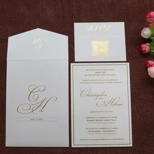 Australia kertas Linen emas dan putih kartu Undangan Pernikahan desain Carte undangan Mariage dengan RSVP