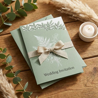 Invitación de Boda Personalizada en Verde Salvia con Corte Láser, Diseño Botánico de Helecho, Cinta de Lino con Lazo, OEM, Venta al Por Mayor