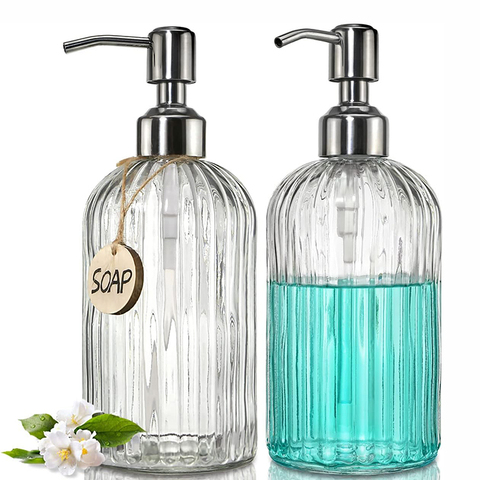Refillable Vertical Stripe Hand Soap Dispenser Bottle Glass Soap Dispenser Bottle With Stainless Steel Pump