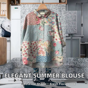 Blusa Elegante de Oficina para el Verano 2025, Nueva, Holgada, Informal, Estampada con Flores, Simple, de Poliéster, con Cuello Camisero y Manga Larga - Product Image 2